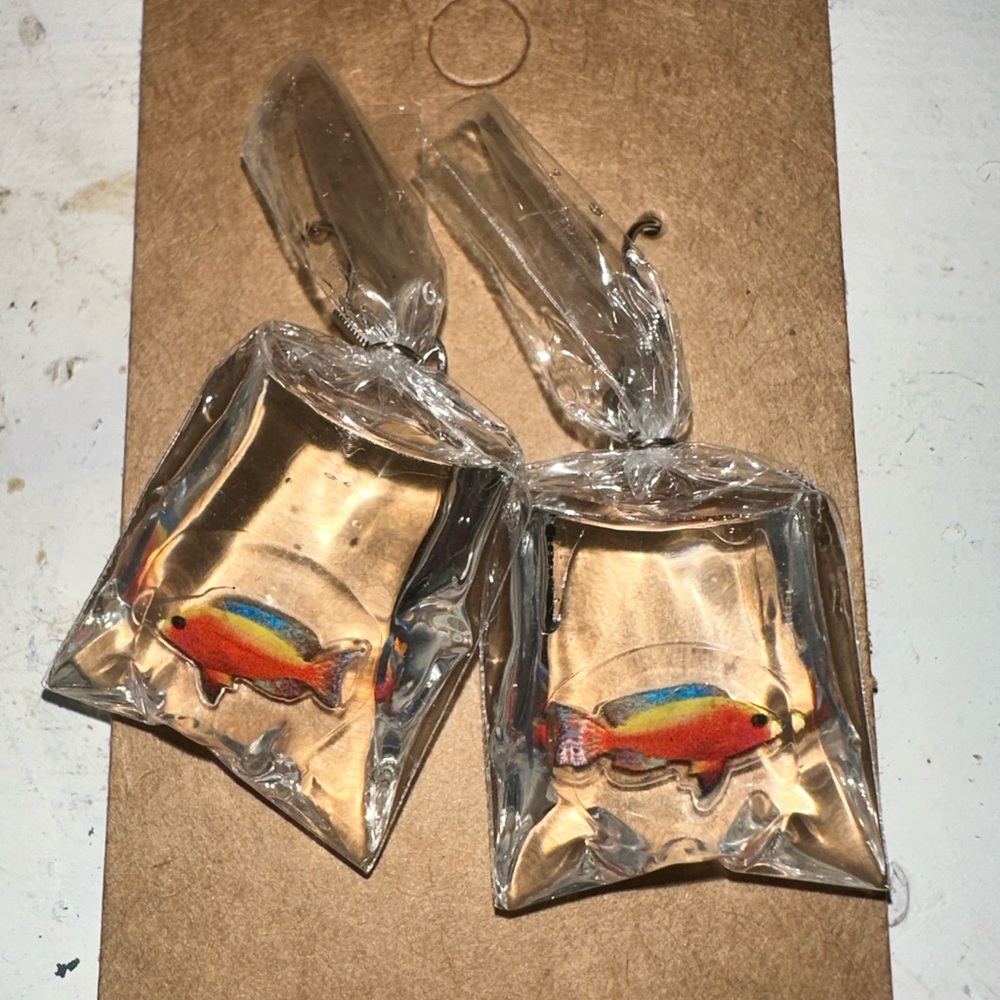 Fish colorful beach earrings. Unique fish in a bag earrings, colorful.